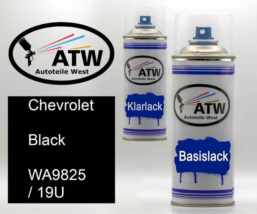 Chevrolet, Black, WA9825 / 19U: 400ml Sprühdose + 400ml Klarlack - Set, von ATW Autoteile West.